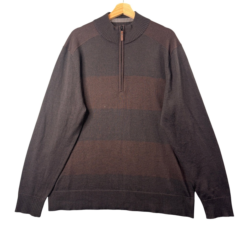 Smartwool Mens Merino Wool Quarter Zip Pullover Sweater Brown Striped Long Sz XL